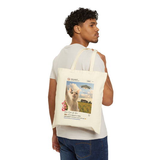 Canvas Tote Bag — Funny Cat UFO Instagram Post "10/10 Planet, Would Invade Again" Eco Grocery Bag