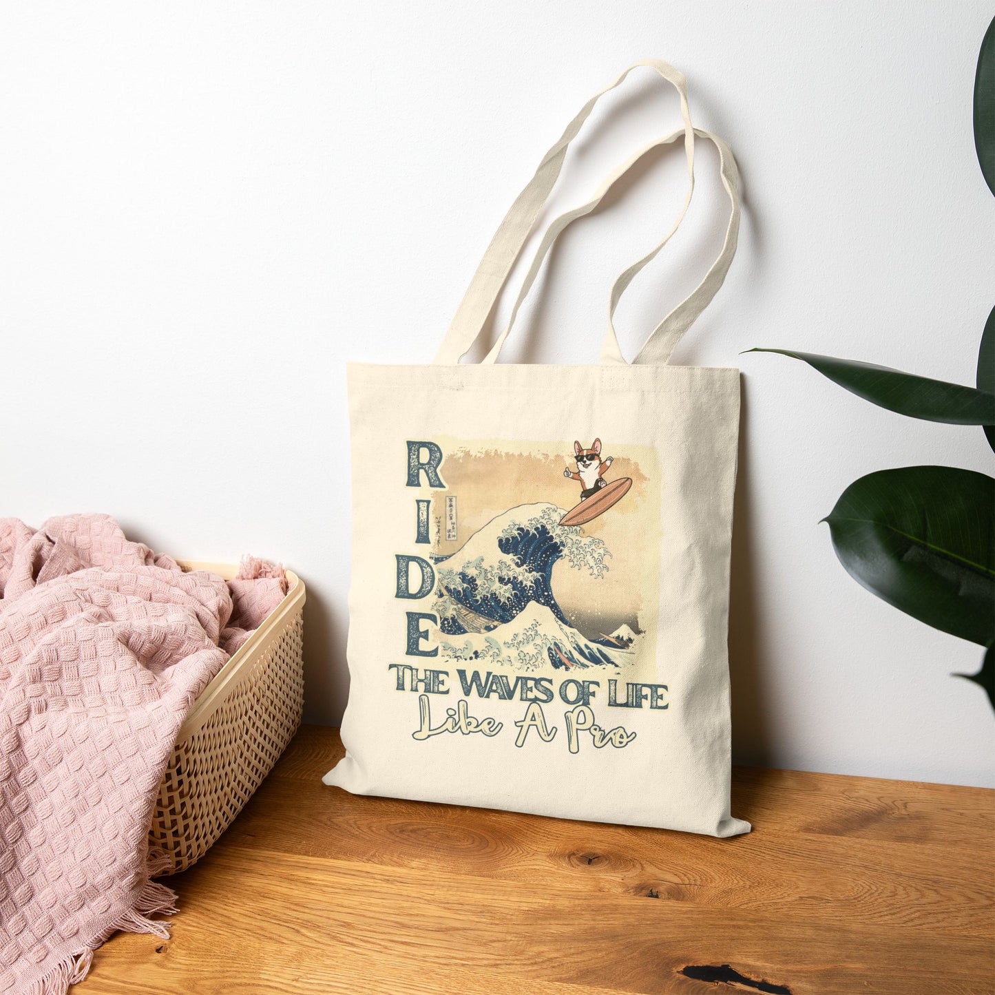 Canvas Tote Bag — Corgi Dog Surf Art "Ride the Waves of Life Like a Pro" Eco Grocery Bag