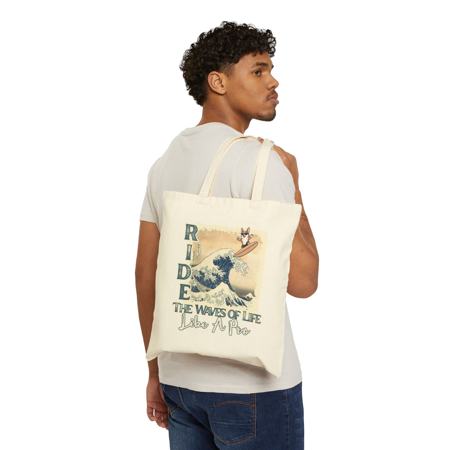 Canvas Tote Bag — Corgi Dog Surf Art "Ride the Waves of Life Like a Pro" Eco Grocery Bag