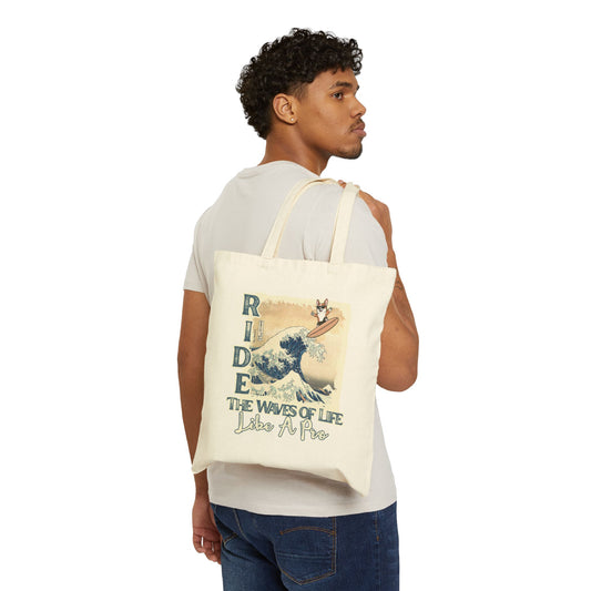 Canvas Tote Bag — Corgi Dog Surf Art "Ride the Waves of Life Like a Pro" Eco Grocery Bag