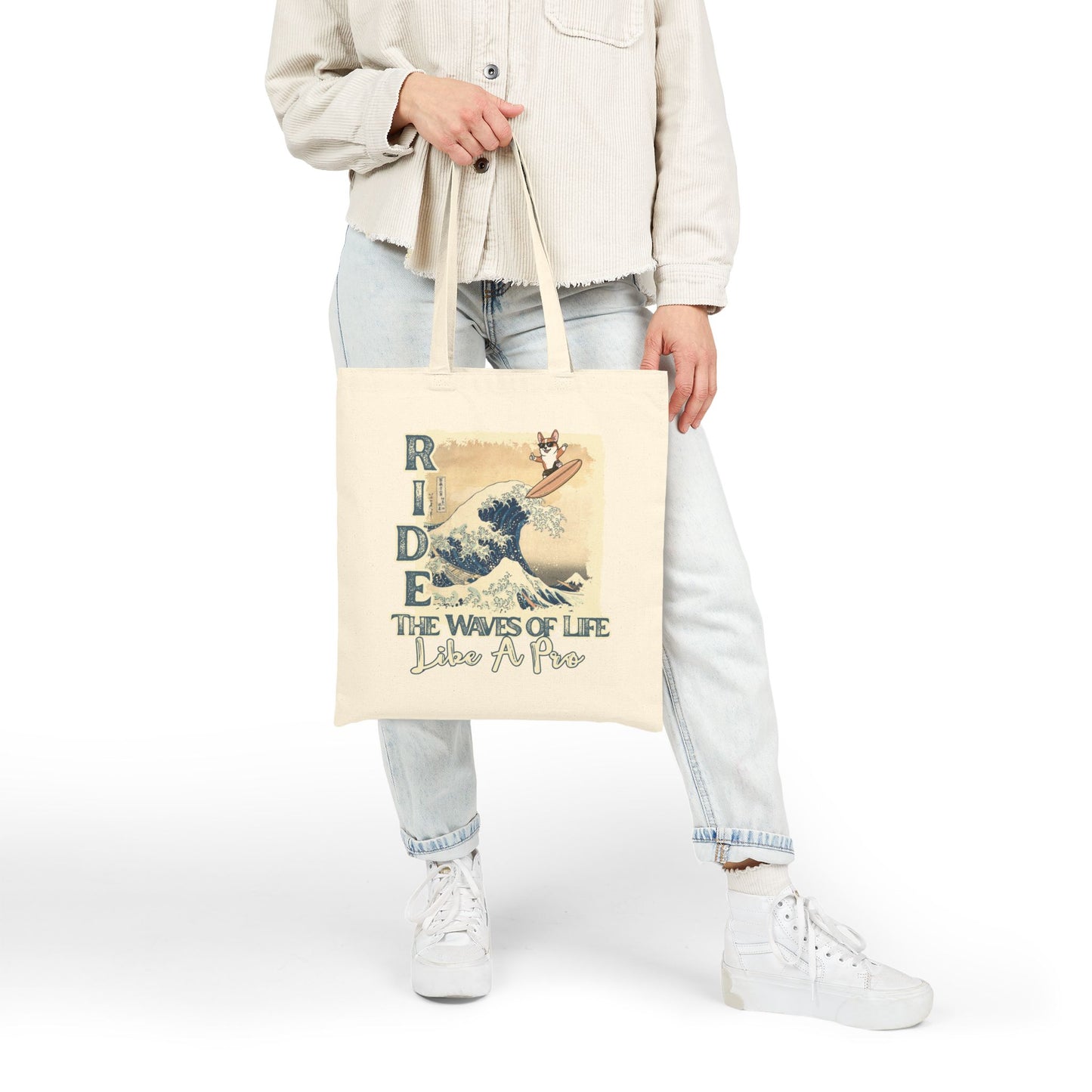 Canvas Tote Bag — Corgi Dog Surf Art "Ride the Waves of Life Like a Pro" Eco Grocery Bag