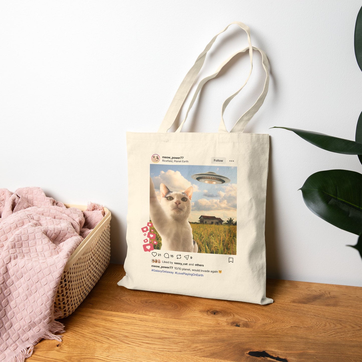 Canvas Tote Bag — Funny Cat UFO Instagram Post "10/10 Planet, Would Invade Again" Eco Grocery Bag