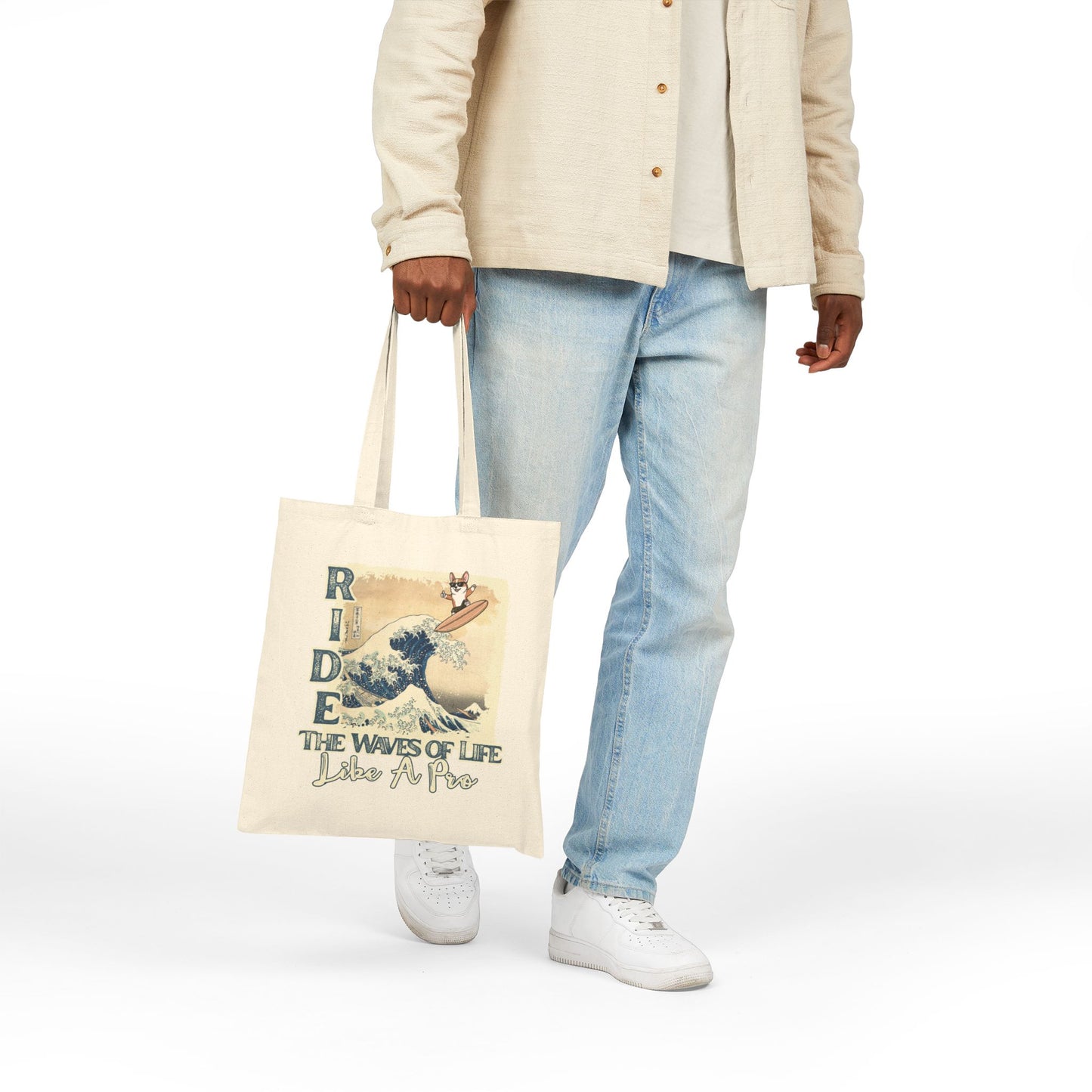 Canvas Tote Bag — Corgi Dog Surf Art "Ride the Waves of Life Like a Pro" Eco Grocery Bag