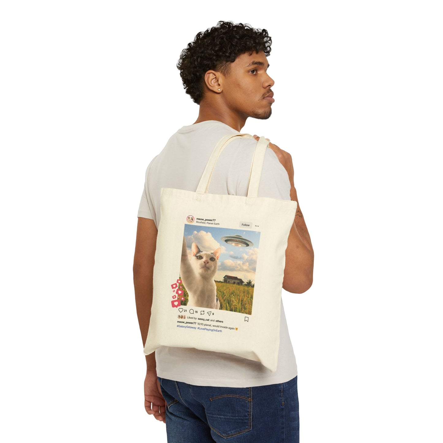 Canvas Tote Bag — Funny Cat UFO Instagram Post "10/10 Planet, Would Invade Again" Eco Grocery Bag
