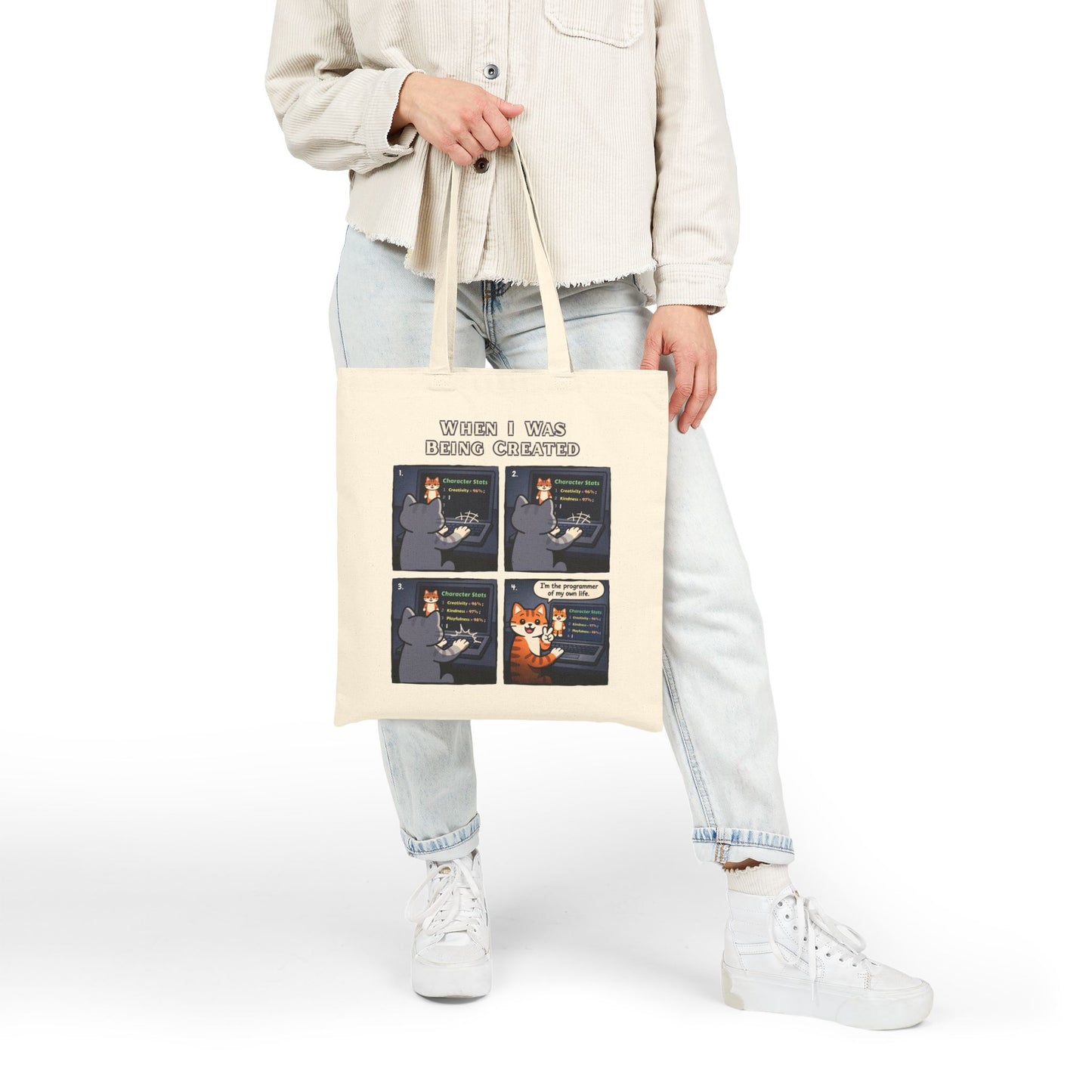 Canvas Tote Bag — Funny Cat Comic "When I Was Being Created" Eco Grocery Bag