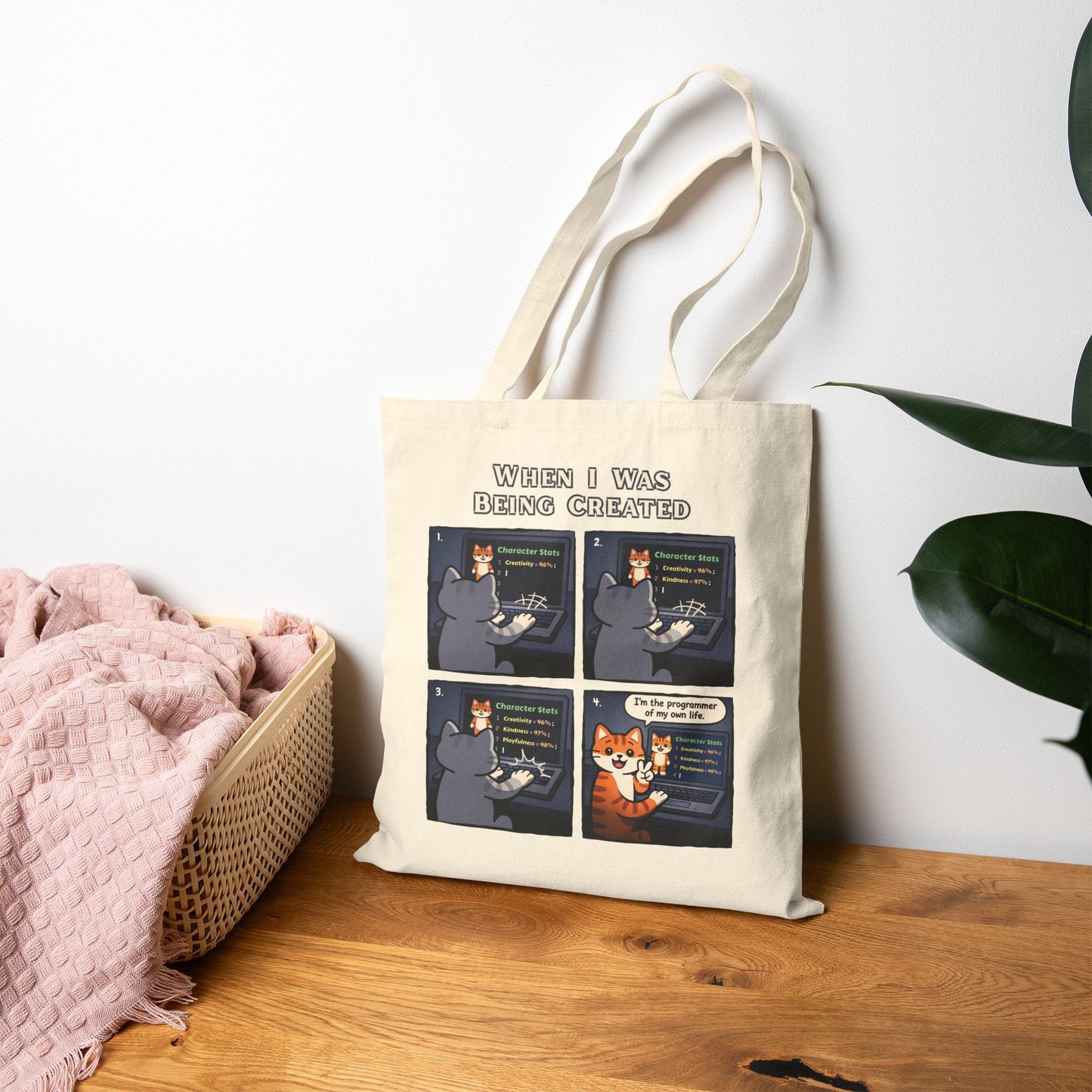 Canvas Tote Bag — Funny Cat Comic "When I Was Being Created" Eco Grocery Bag