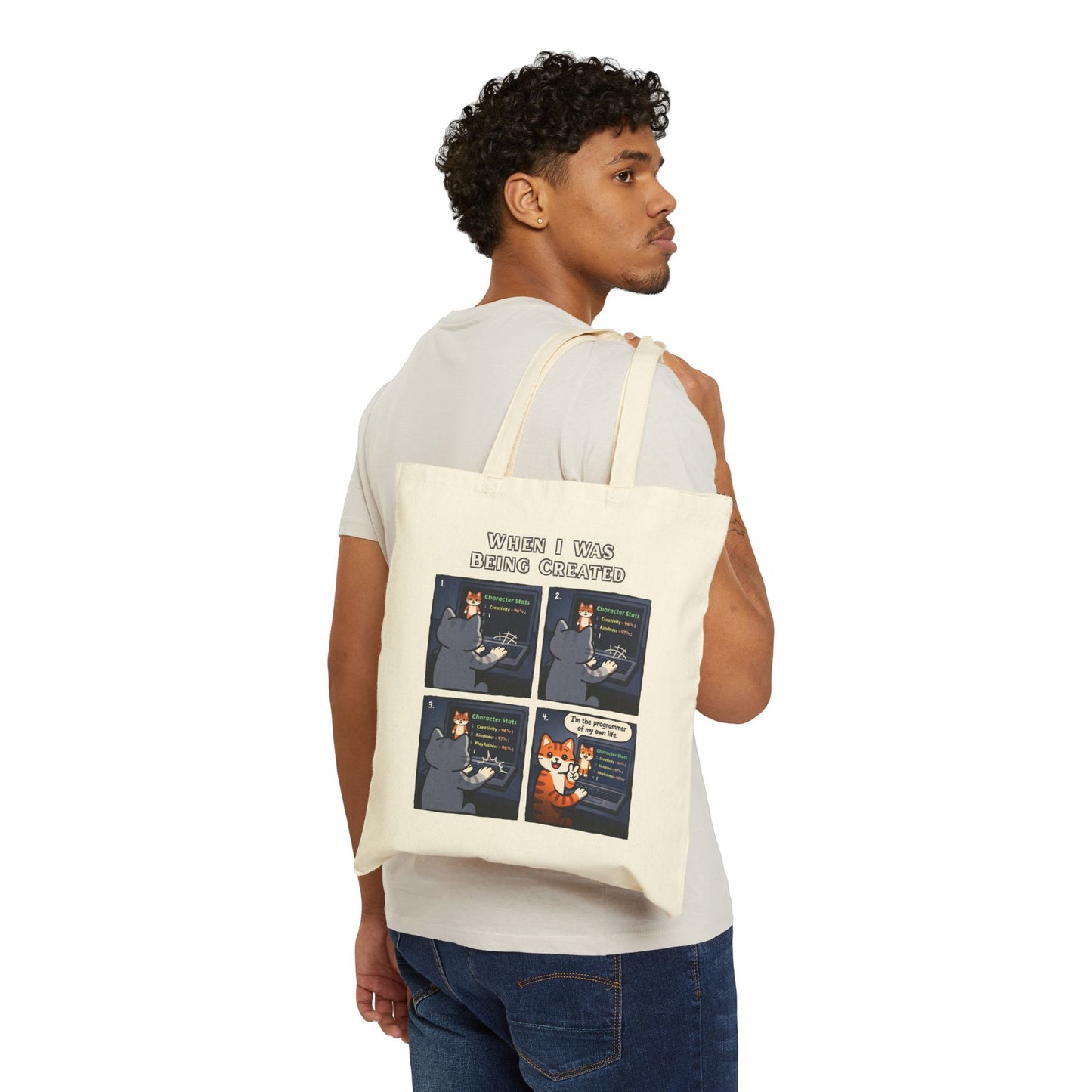 Canvas Tote Bag — Funny Cat Comic "When I Was Being Created" Eco Grocery Bag