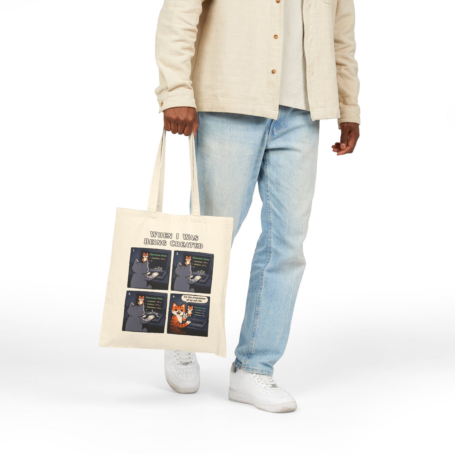Canvas Tote Bag — Funny Cat Comic "When I Was Being Created" Eco Grocery Bag