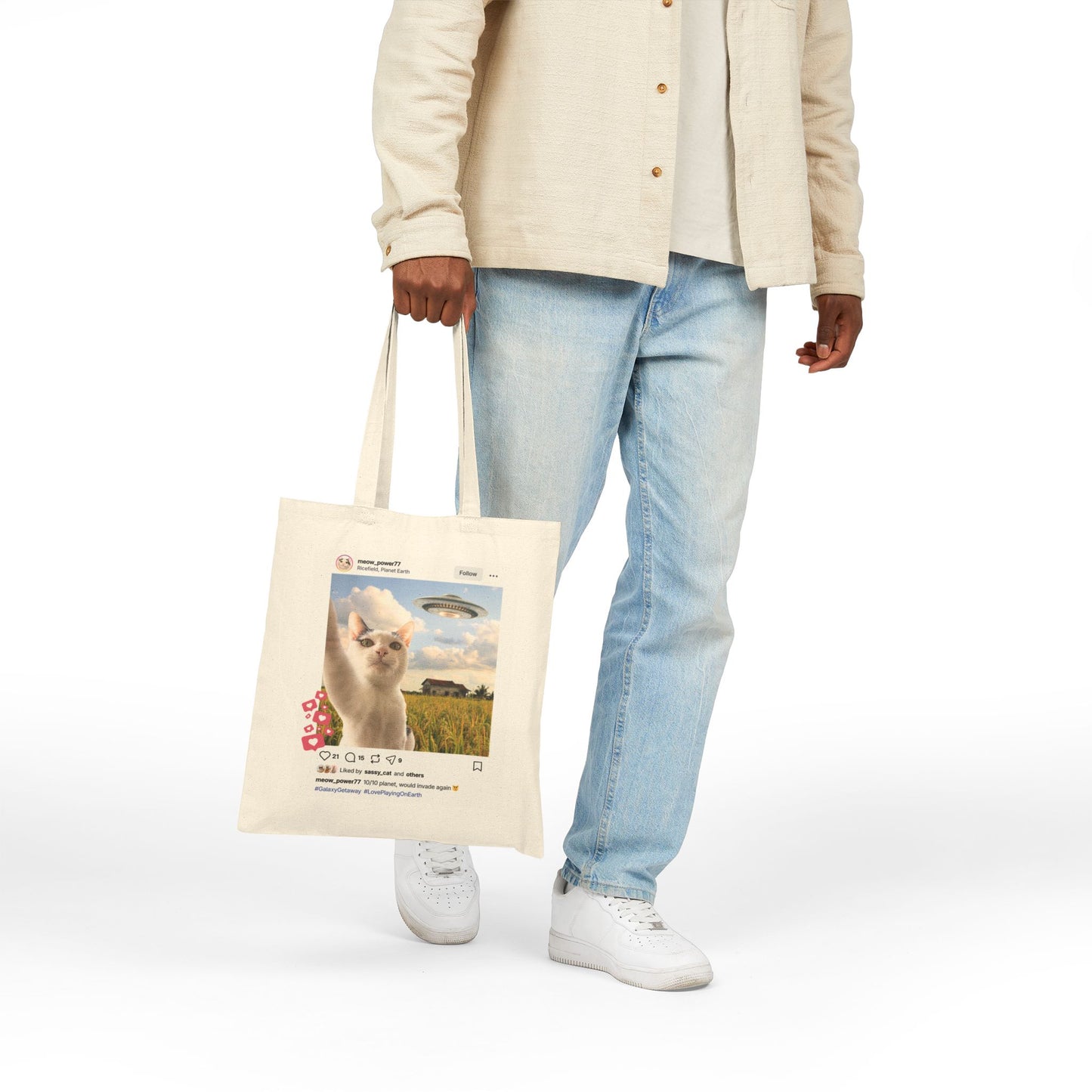 Canvas Tote Bag — Funny Cat UFO Instagram Post "10/10 Planet, Would Invade Again" Eco Grocery Bag