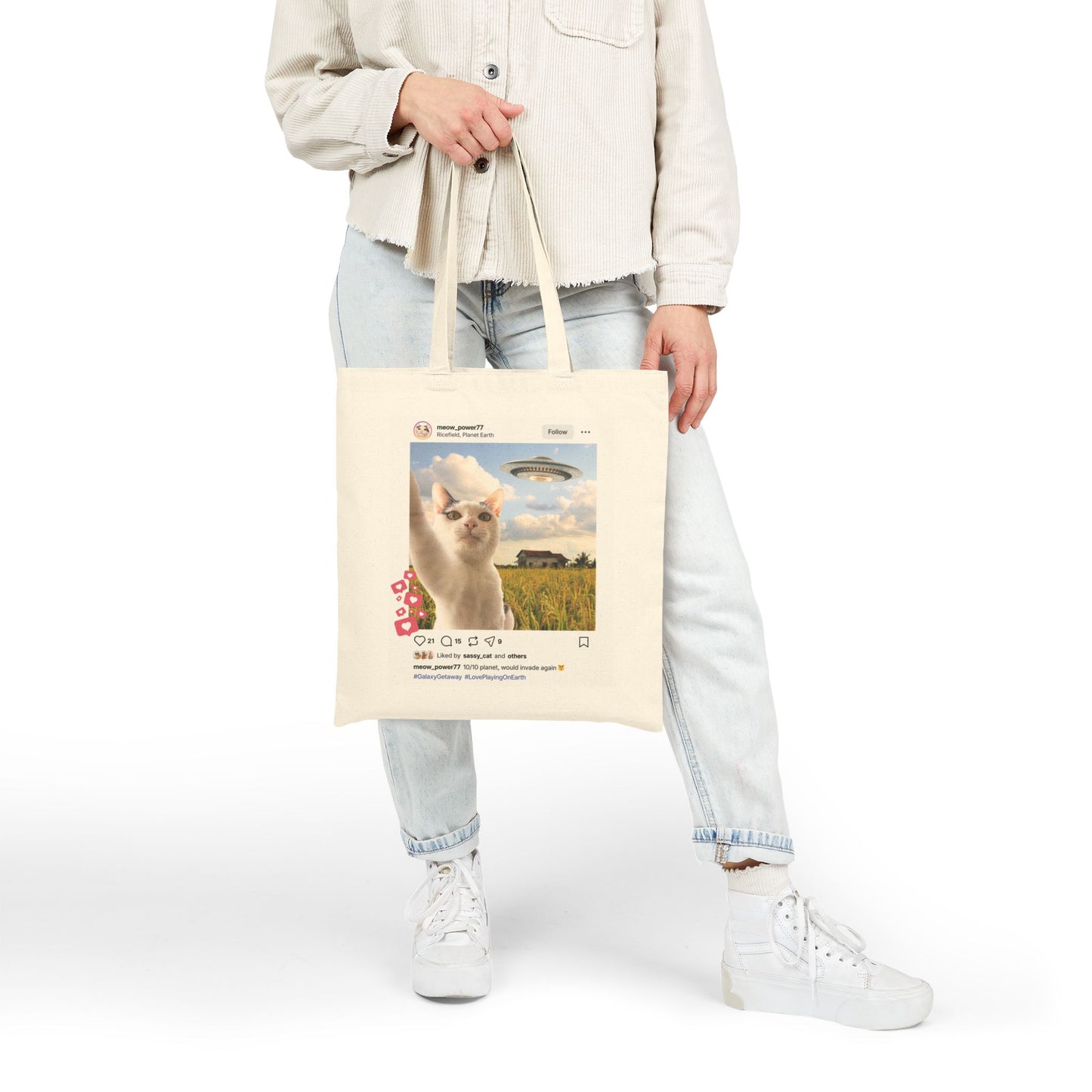 Canvas Tote Bag — Funny Cat UFO Instagram Post "10/10 Planet, Would Invade Again" Eco Grocery Bag