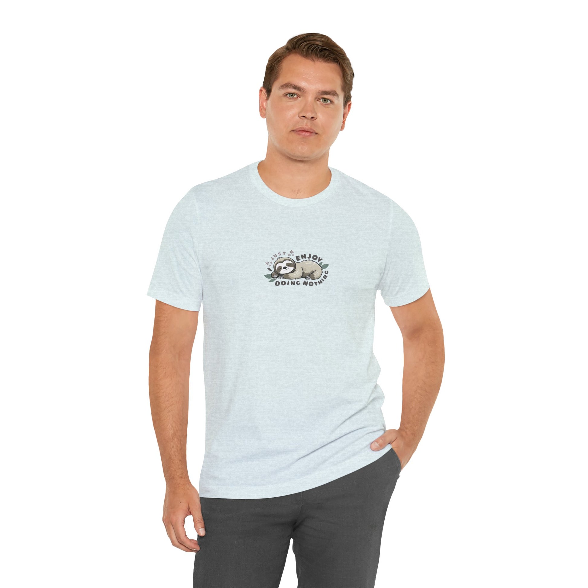 Man wearing a light blue t-shirt with a sloth graphic and text 'I just enjoy doing nothing' on a white background
