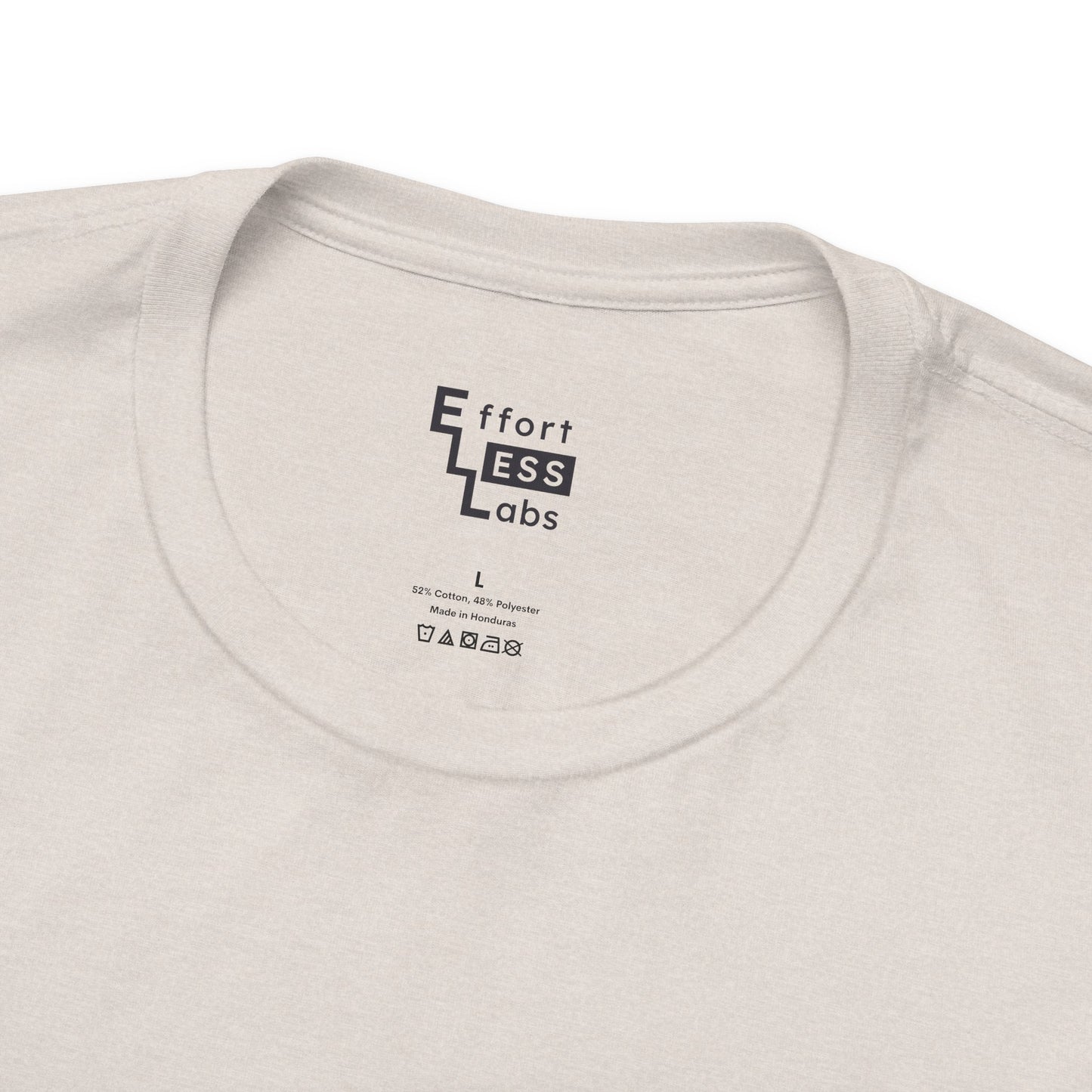 Close-up of a beige t-shirt with 'Effortless Labs' logo on the collar.