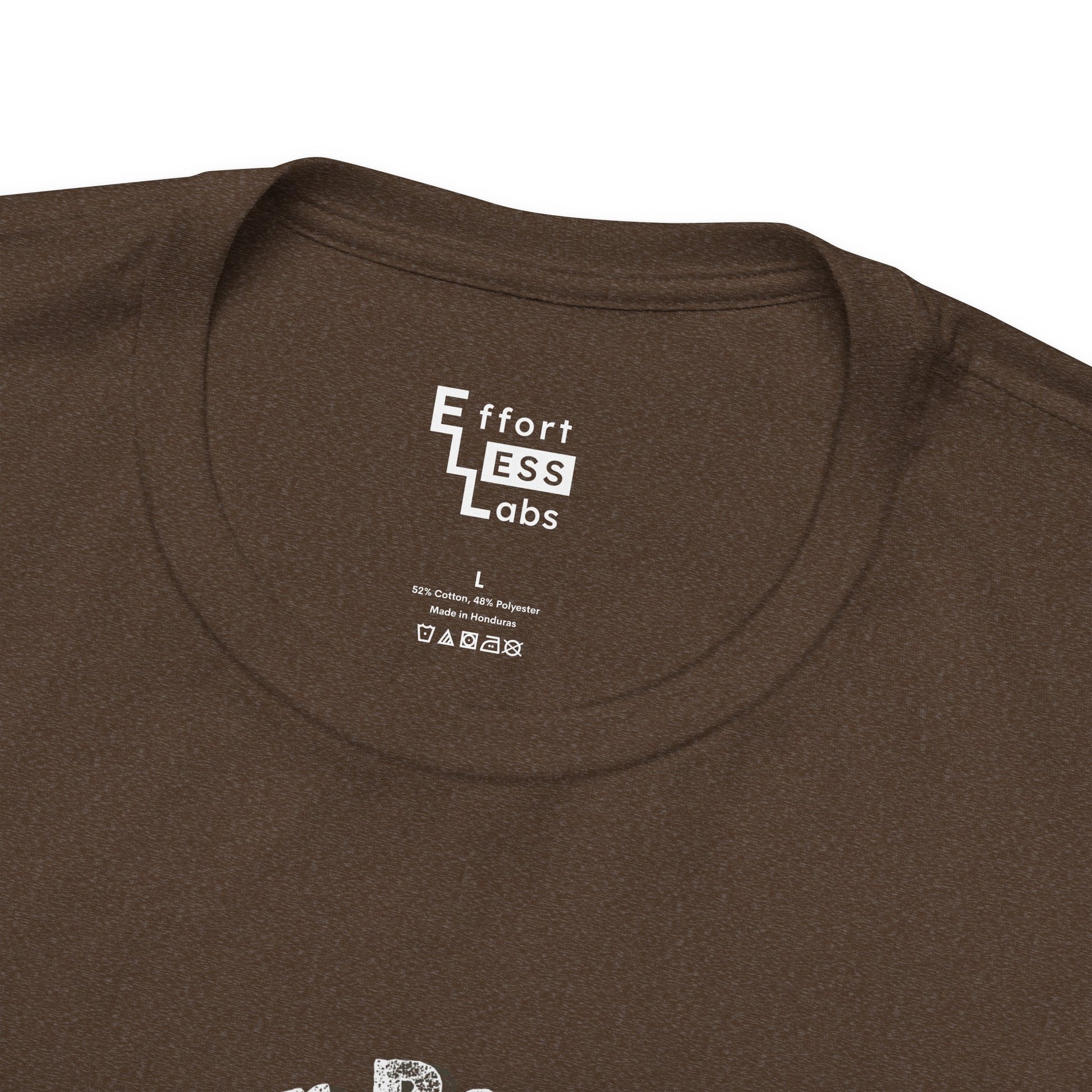 Close-up of brown t-shirt with Effortless Labs logo on the collar