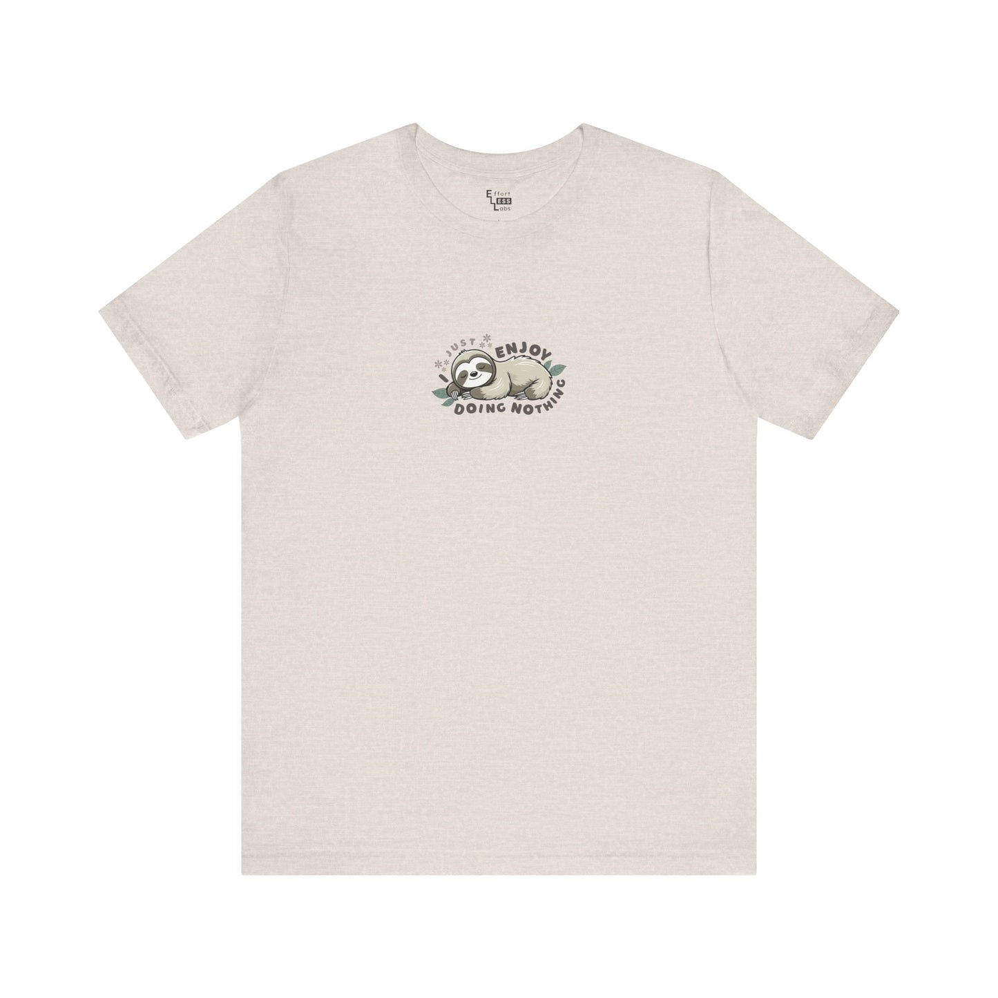 Almond beige t-shirt with a sleeping sloth graphic and text 'I just enjoy doing nothing' on a white background
