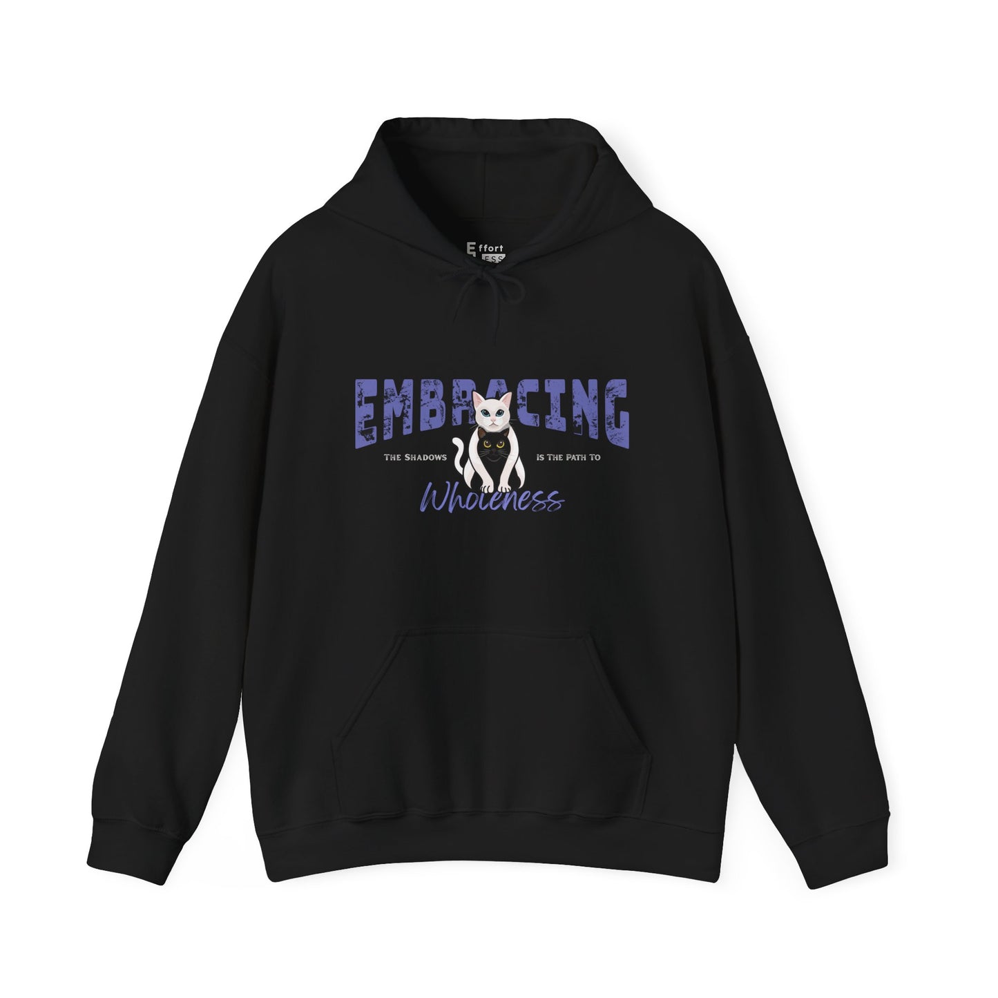 Black hoodie with a graphic of white cat hugging black cat and text 'Embracing the shadows is the path to wholeness' on a white background