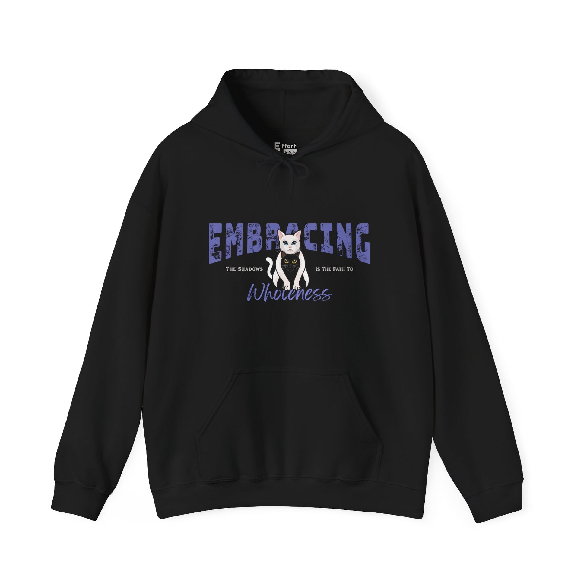 Black hoodie with a graphic of white cat hugging black cat and text 'Embracing the shadows is the path to wholeness' on a white background