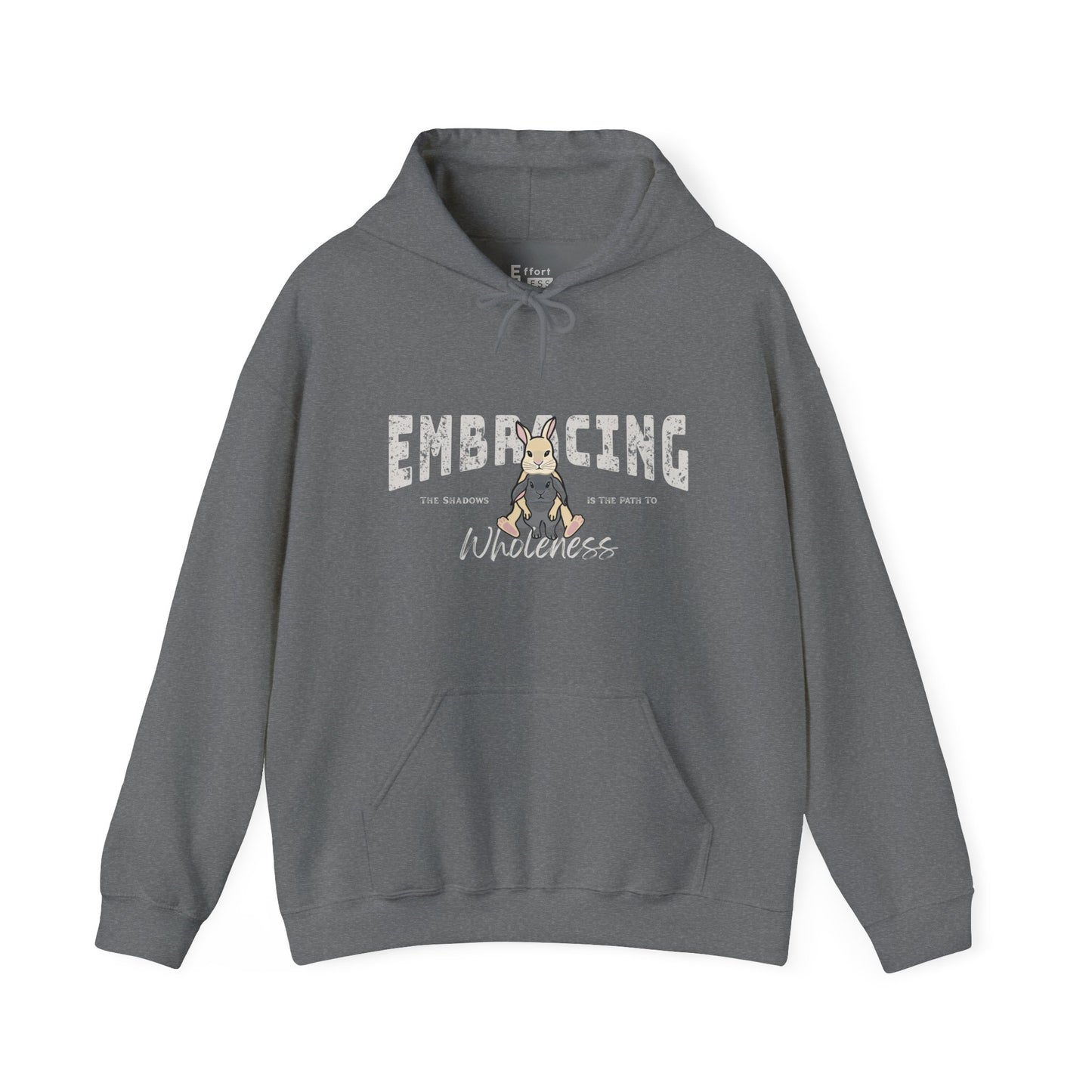 Blue-gray hoodie with a graphic of cream Holland Lop rabbit hugging gray Holland Lop rabbit and text 'Embracing the shadows is the path to wholeness' on a white background