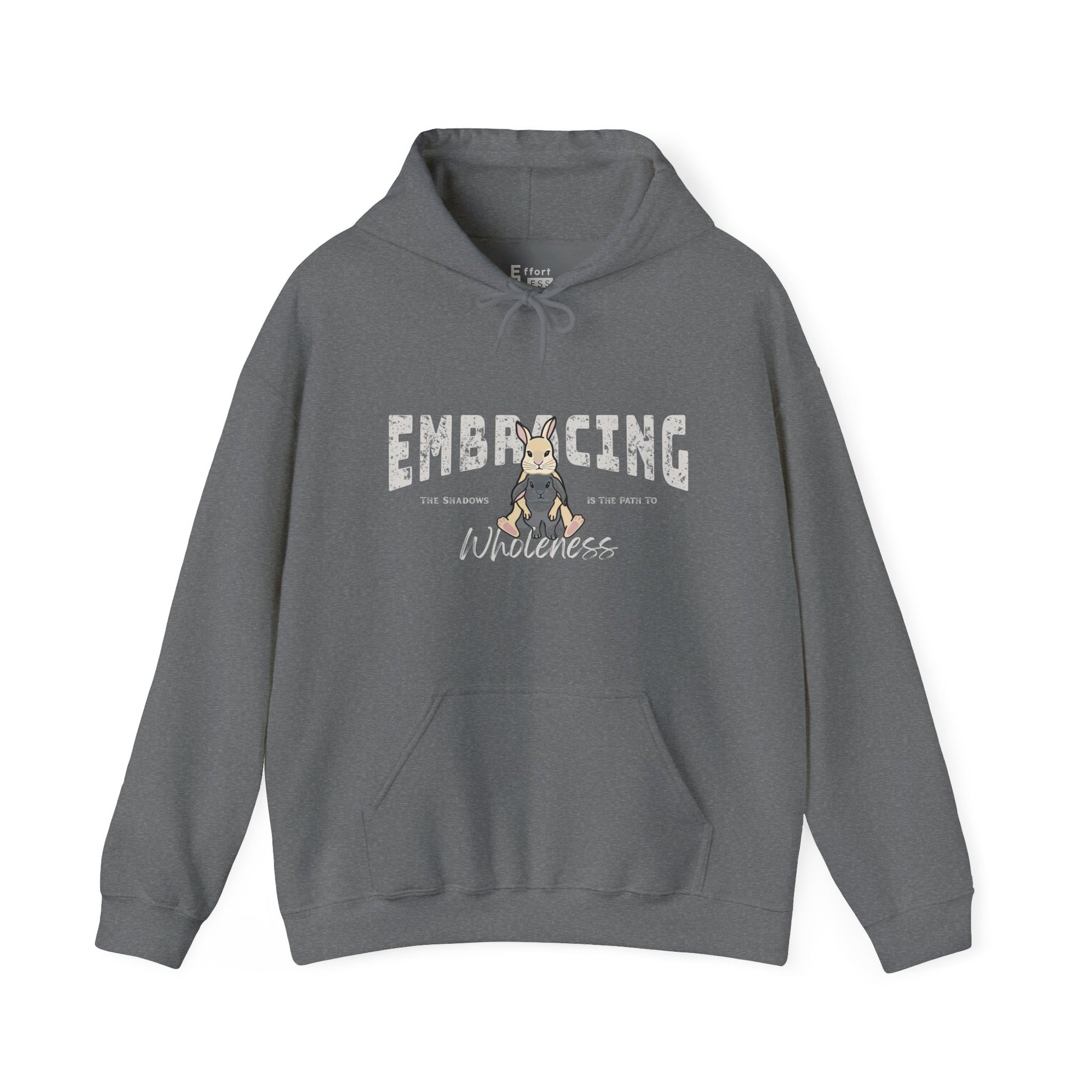 Blue-gray hoodie with a graphic of cream Holland Lop rabbit hugging gray Holland Lop rabbit and text 'Embracing the shadows is the path to wholeness' on a white background