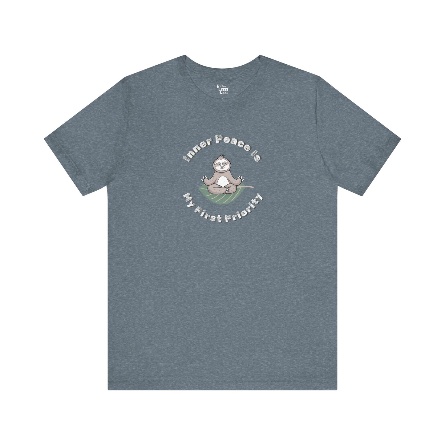 Blue t-shirt with a meditating sloth graphic and text 'Inner peace is my first priority' on a white background