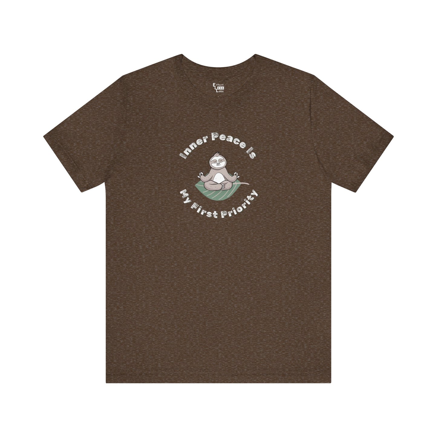 Brown t-shirt with a graphic of a sloth meditating and text 'Inner peace is my first priority' on a white background