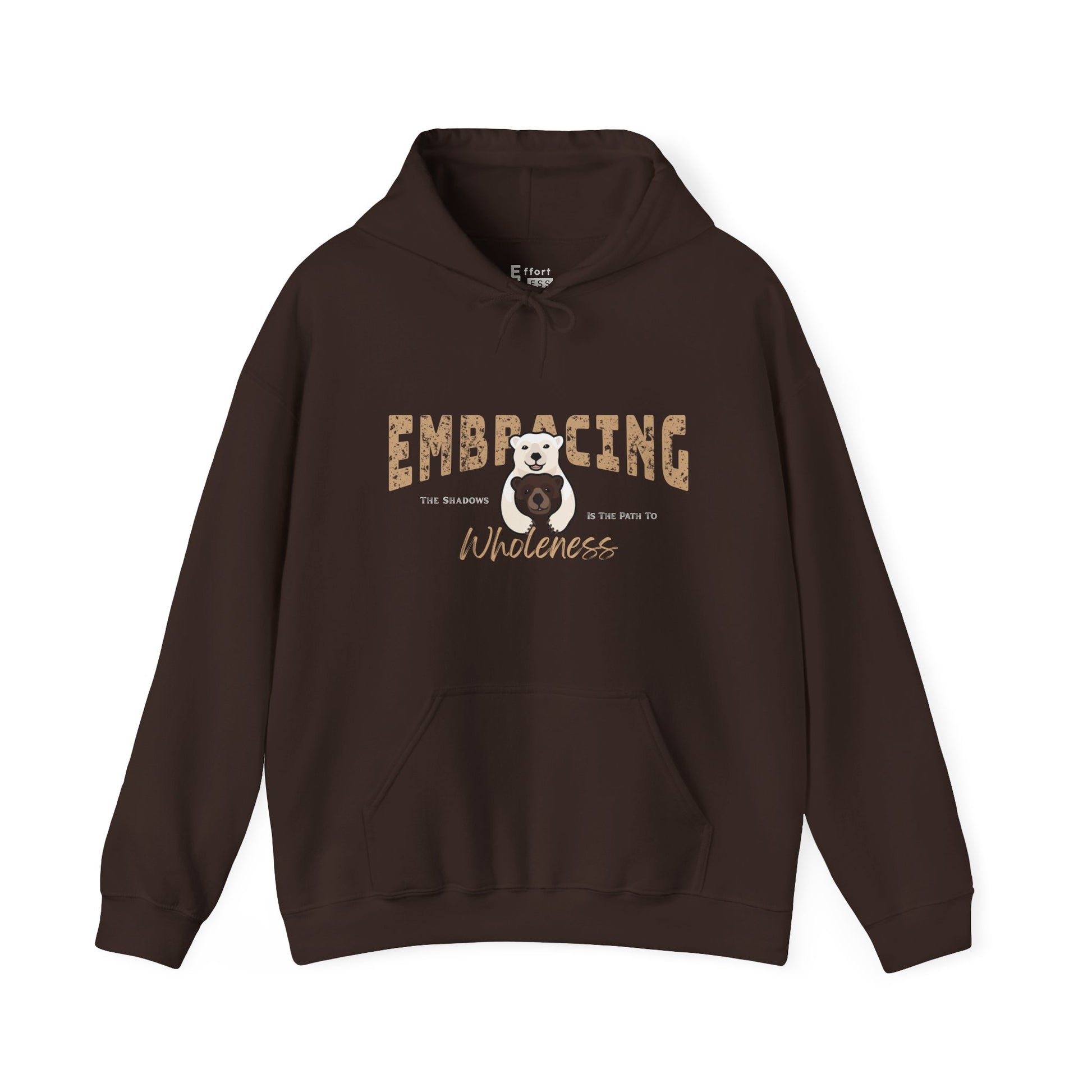 Chocolate brown hoodie with a graphic of polar bear hugging brown bear and text 'Embracing the shadows is the path to wholeness' on a white background