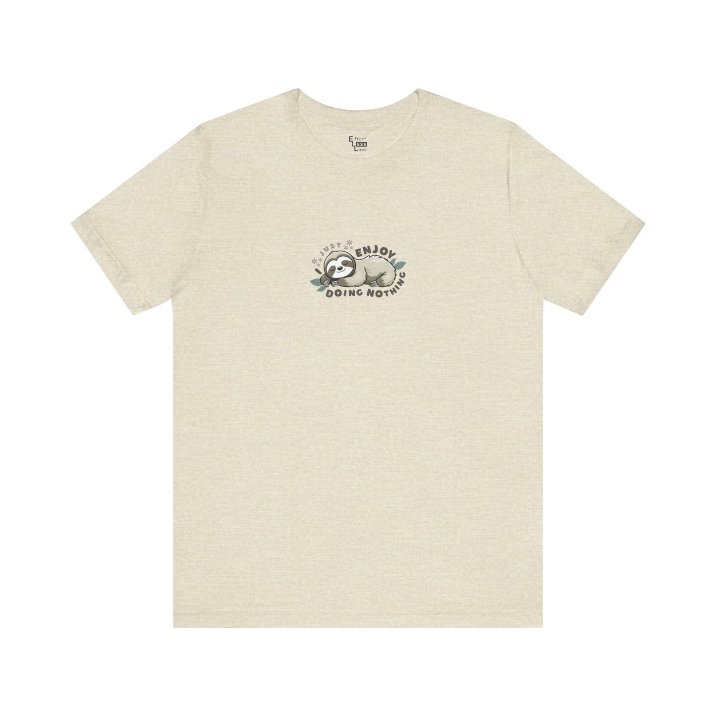 Cream beige t-shirt with a sleeping sloth graphic and text 'I just enjoy doing nothing' on a white background