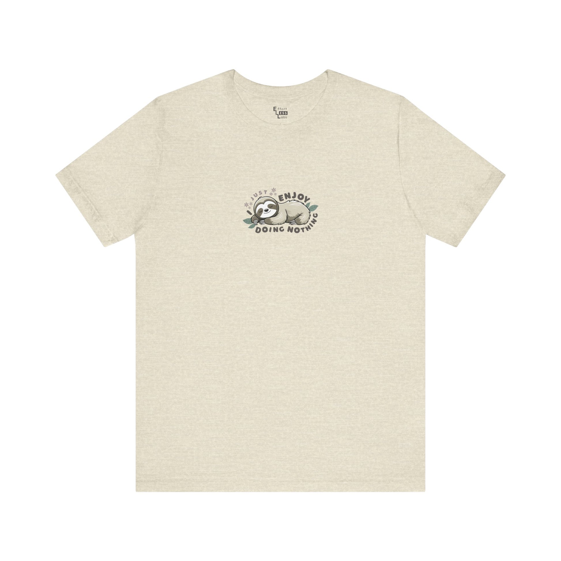 Cream beige t-shirt with a sleeping sloth graphic and text 'I just enjoy doing nothing' on a white background