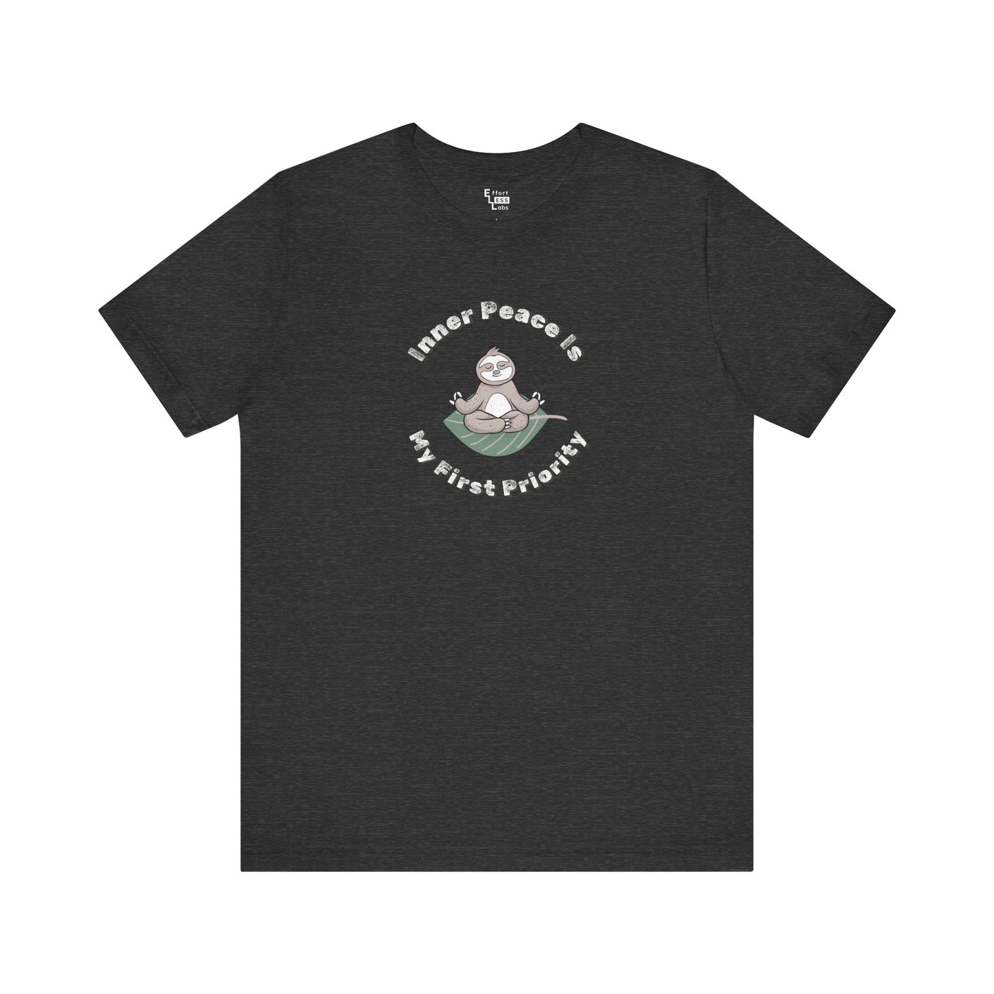 Black t-shirt with a graphic of a sloth meditating and text 'Inner peace is my first priority' on a white background.