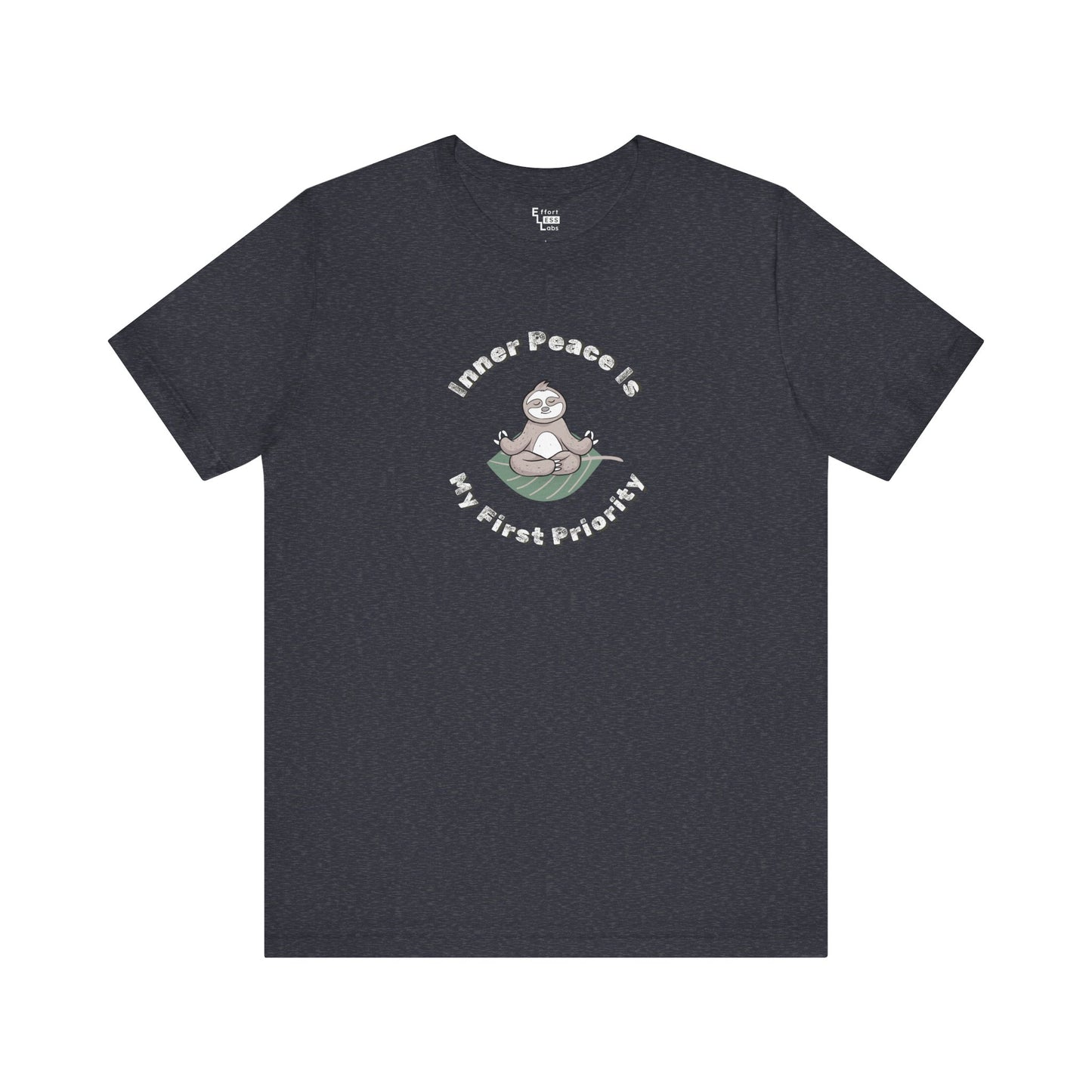 Navy t-shirt with a graphic of a sloth meditating and text 'Inner peace is my first priority' on a white background.