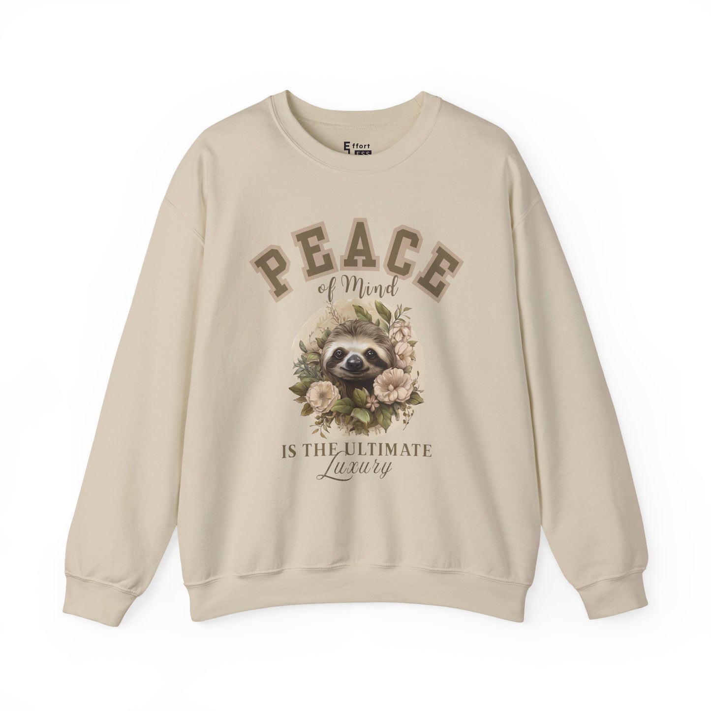 Sand beige sweatshirt with floral sloth graphic and text 'Peace of mind is the ultimate luxury' on a white background